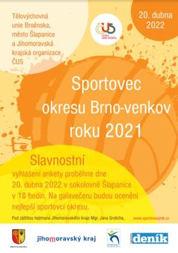 Slavnostní vyhlášení ankety Sportovec okresu Brno-venkov roku 2021